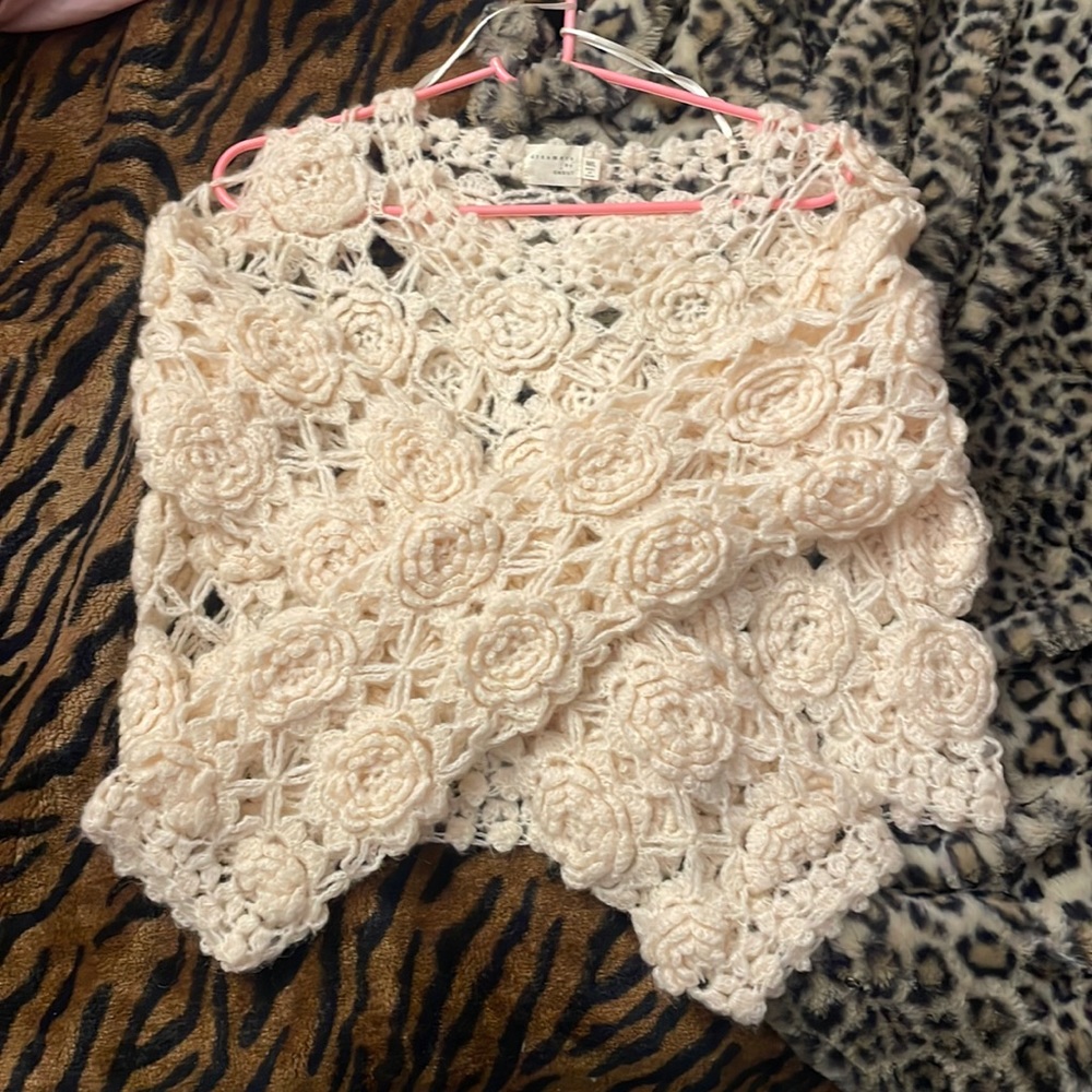 See-Through Flower Patterned Knitted Cream Top